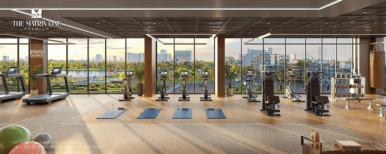 Phòng gym sang trọng bên trong The Matrix One Premium, đem lại trải nghiệm tập luyện đẳng cấp và tiện nghi.