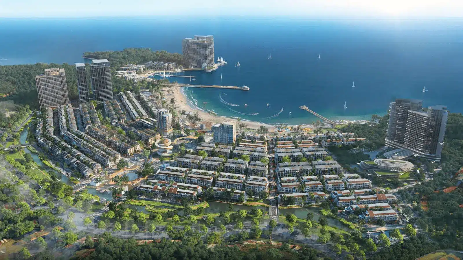 Toàn cảnh dự án Xanh Island Cát Bà với quy mô lớn và thiết kế cảnh quan độc đáo, hòa mình vào thiên nhiên.