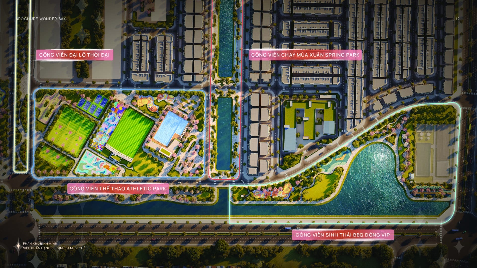 Hệ thống công viên Vinhomes Wonder City tựa như lá phổi xanh khổng lồ, bao bọc toàn bộ dự án bằng thảm thực vật đa dạng, mang đến bầu không khí trong lành cùng trải nghiệm sống hòa mình tuyệt đối vào thiên nhiên. Spring Park sở hữu cung đường chạy bộ Mùa Xuân ven kênh thơ mộng, mang lại không khí trong lành, ngập tràn sức sống.