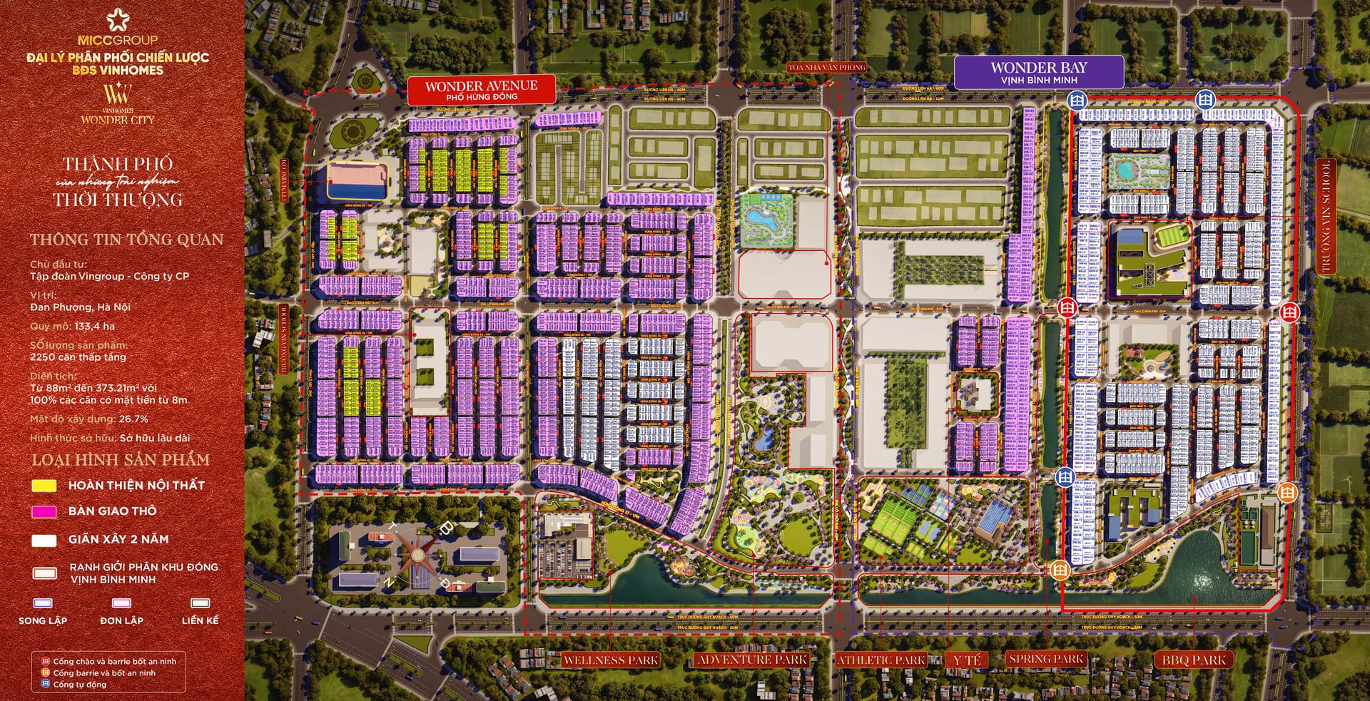 Mặt bằng tổng thể Vinhomes Wonder City thể hiện quy hoạch khoa học, phân chia các phân khu hợp lý, tối ưu không gian cảnh quan xanh và kết nối hạ tầng giao thông nội khu cực kỳ thuận tiện cho cư dân. Mặt bằng tổng thể dự án Vinhomes Wonder City Đan Phượng với quy mô lên đến 133,4 ha tại Đan Phượng, Hà Nội.