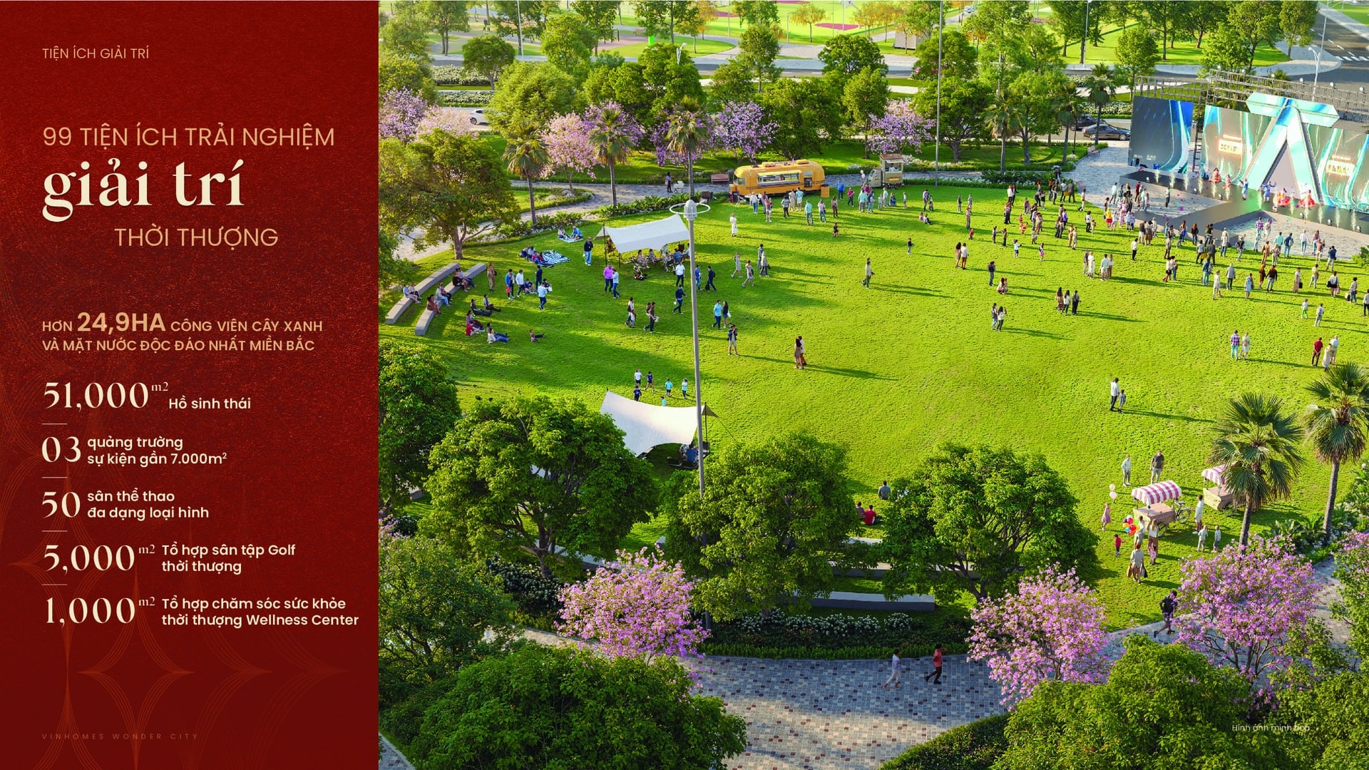 Quảng trường trung tâm sầm uất tại Vinhomes Wonder City là nơi diễn ra các sự kiện văn hóa, lễ hội sôi động, tạo không gian kết nối cộng đồng năng động và mang lại nguồn năng lượng tích cực mỗi ngày. Dự án Vinhomes Wonder City là tài sản truyền đời với tiềm năng tăng giá mạnh mẽ.