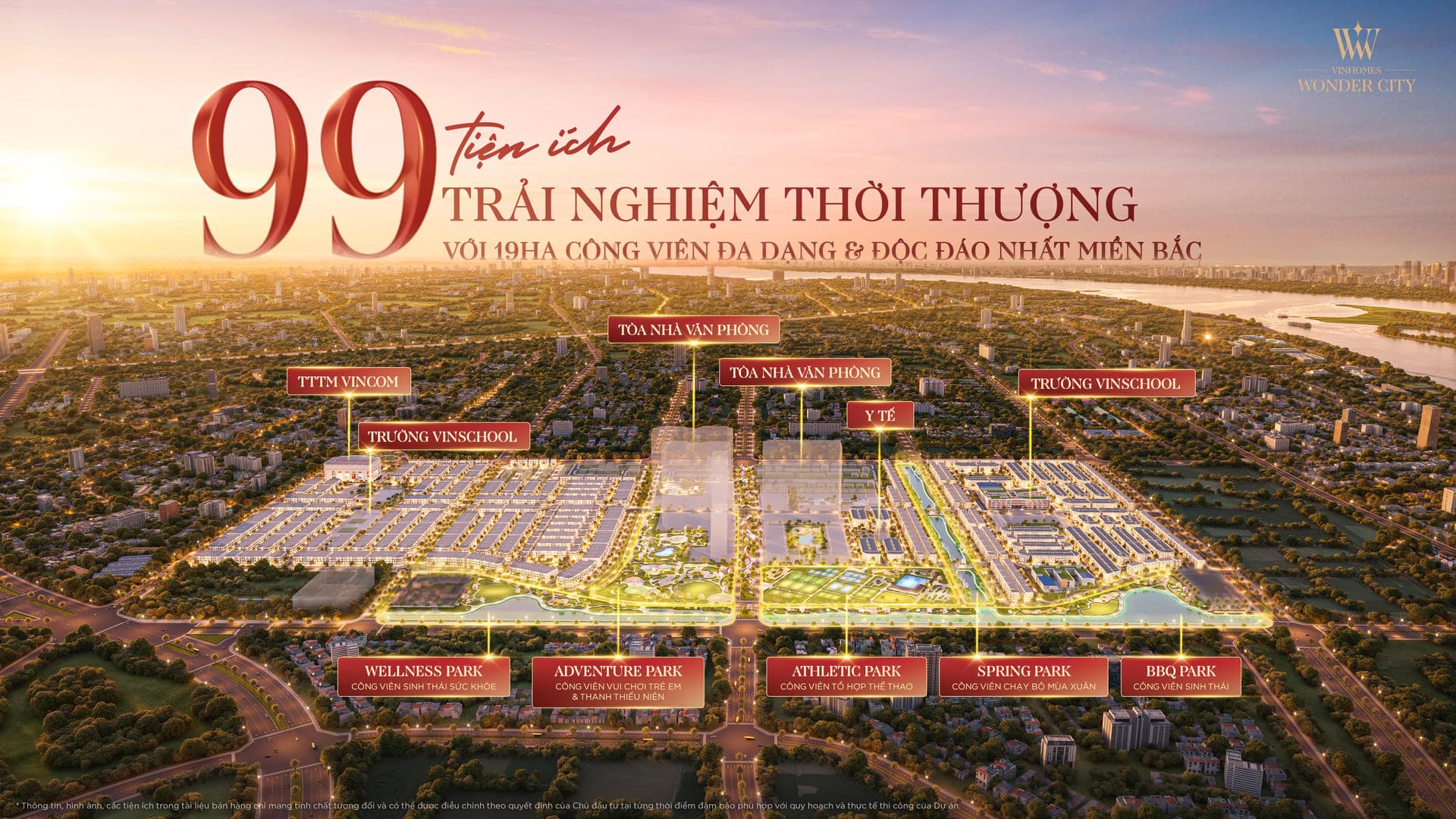 Tổng mặt bằng tiện ích Vinhomes Wonder City thể hiện sơ đồ quy hoạch hoàn hảo, tích hợp đồng bộ công viên, hồ điều hòa, khu thể thao và hệ sinh thái đẳng cấp, mang lại cuộc sống nghỉ dưỡng tiện nghi cho trọn vẹn gia đình. Hệ thống tiện ích All-in-one cùng 5 đại công viên kỷ lục tại Vinhomes Wonder City kiến tạo chất sống nghỉ dưỡng đẳng cấp.
