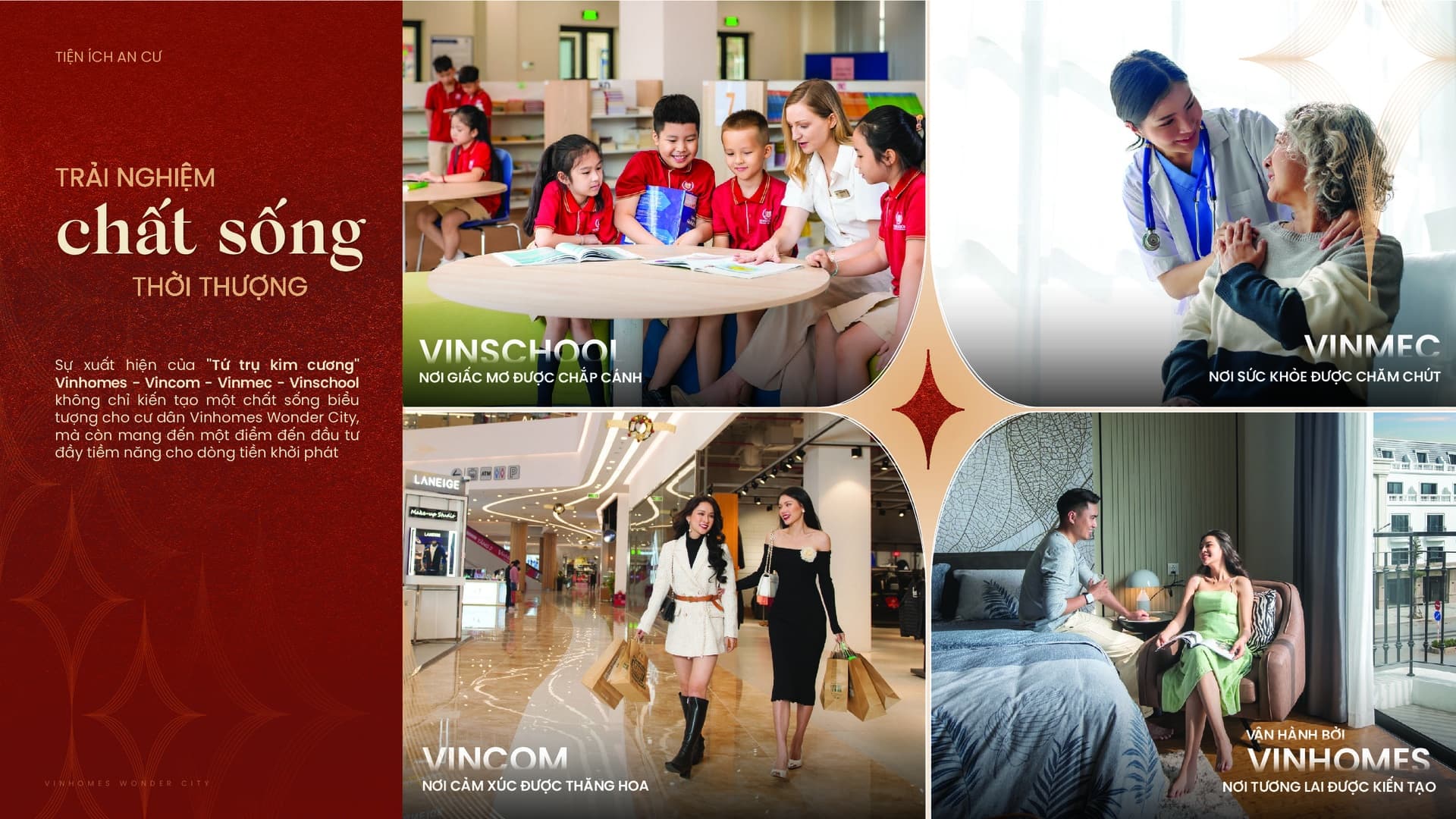 Hệ sinh thái “tứ trụ kim cương” Vincom – Vinschool – Vinmec – Vinhomes hội tụ trọn vẹn tại Vinhomes Wonder City, đáp ứng hoàn hảo mọi nhu cầu mua sắm, giáo dục, y tế và quản lý vận hành chuẩn mực 5 sao đỉnh cao. Hệ sinh thái "tứ trụ kim cương" Vincom - Vinschool - Vinmec - Vinhomes hội tụ trọn vẹn tại Vinhomes Wonder City, đáp ứng hoàn hảo mọi nhu cầu mua sắm, giáo dục, y tế và quản lý vận hành chuẩn mực 5 sao đỉnh cao.